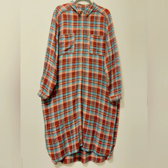 Pilcro Long Plaid Button-Up Shirt Dress in Teal and Burgundy - Picture 3 of 11